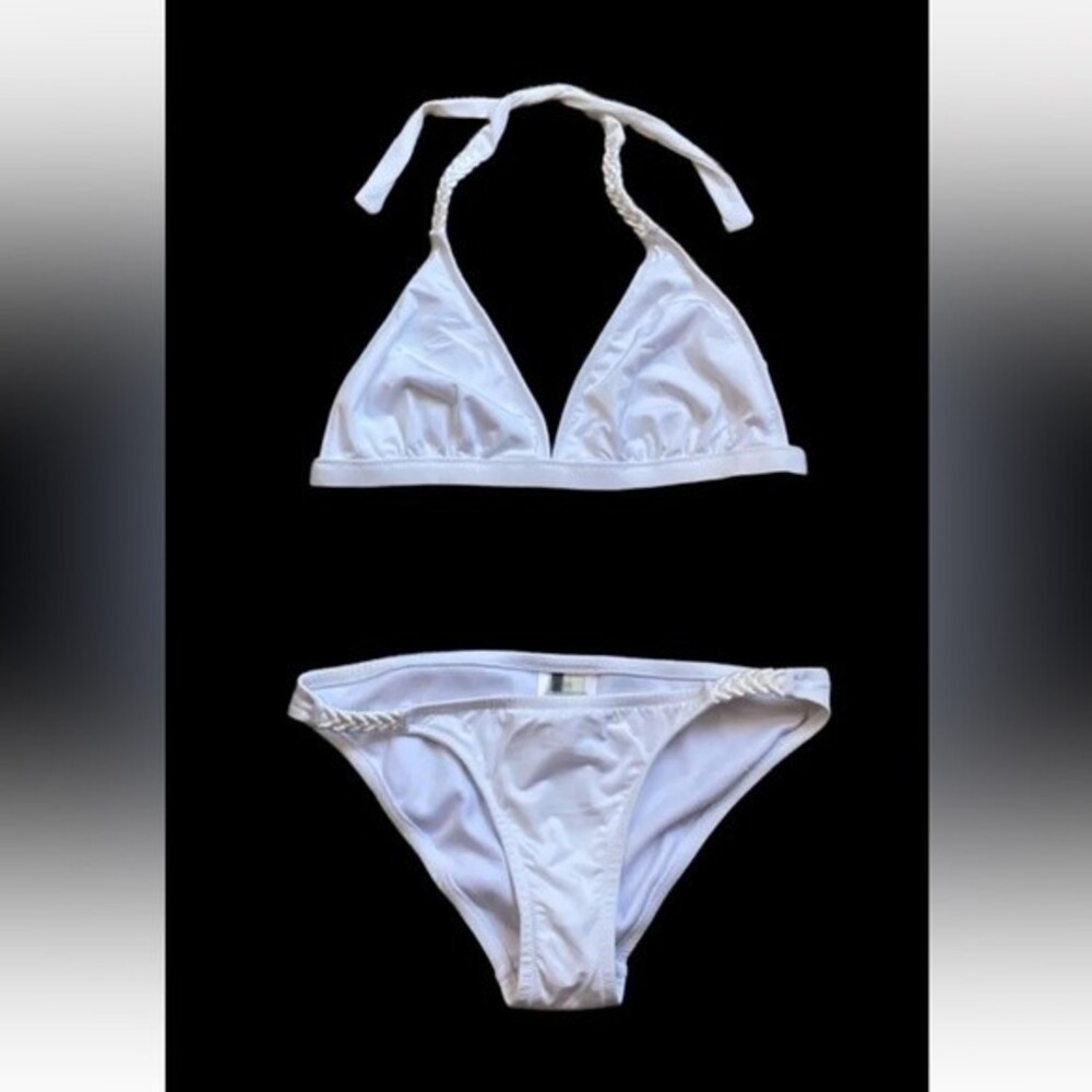 BcbgMaxAzria 2 Piece Swim Bikini Sz mix top Medium bottom Small White Gold Metal
